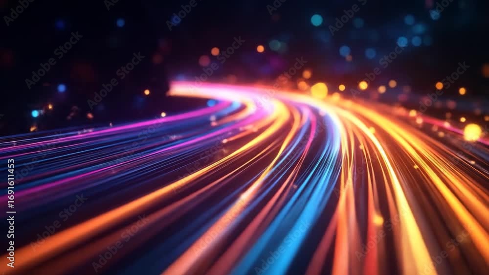 Poster dynamic abstract visual of glowing energy trails and particle effects in motion