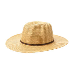 Woven straw hat with brown band, perfect for summer days and sun protection, isolated on white background