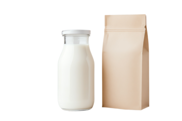 Fresh milk in a glass bottle next to a cardboard carton on a white isolated background.