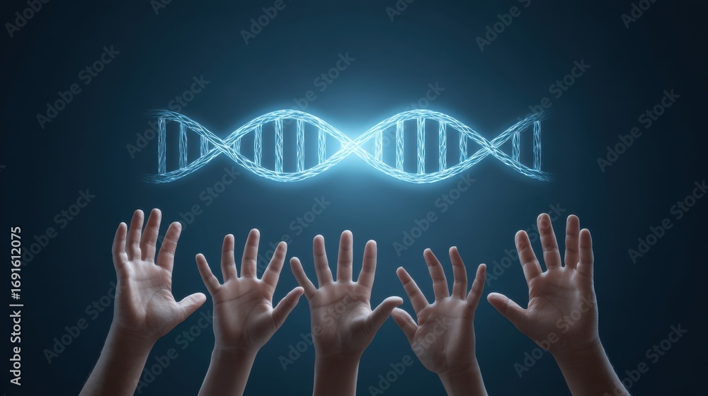Poster human hands reaching up towards a glowing dna helix in a dark background representing genetic scienc