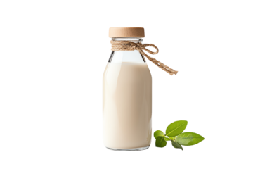 Glass bottle filled with fresh milk, topped with a wooden lid and tied with twine, accompanied by a green leaf.