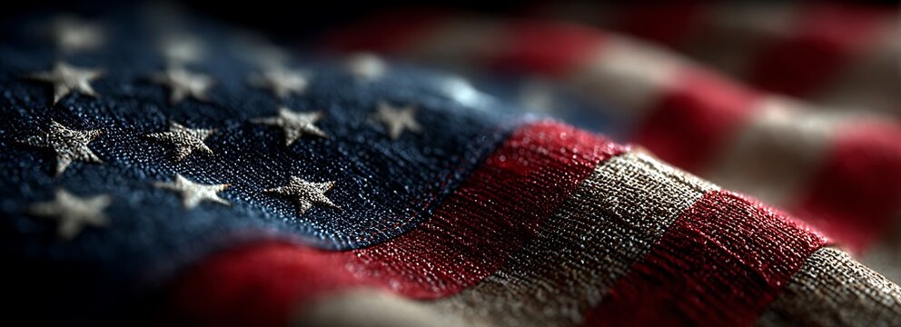 Close Up Macro of Waving American Flag Texture stars and stripes fabric