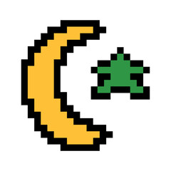 Crescent moon and star in retro pixel art style