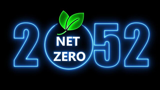 Neon sign illustrating 2052 net zero climate change target for sustainable future