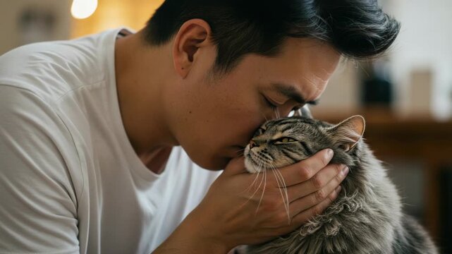 Man kissing his cat in a loving gesture at home