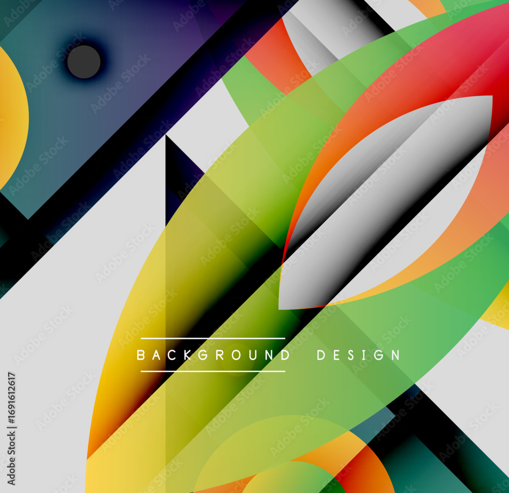 Poster Abstract geometric composition. Overlapping shapes create dynamic visual effect. Bright colors, gradients, modern design elements present.