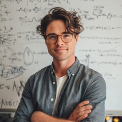 A young man with curly hair and glasses smiles with arms crossed, positioned in front of a whiteboard covered in complex mathematical equations, indicating a learning environment.