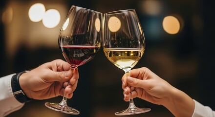 Elegant toast with red and white wine glasses celebrating success in warm light atmosphere cheers