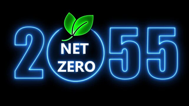 Animated neon text of net zero by 2055 with eco friendly leaf on black