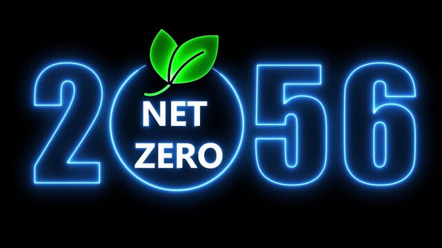 Neon glow animation illustrating net zero by 2056 with environmental iconography