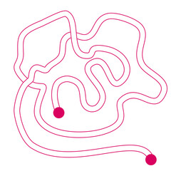 Maze Puzzle Abstract tangled line art with vibrant pink circuit path and two destination dots, perfect for innovation concepts.