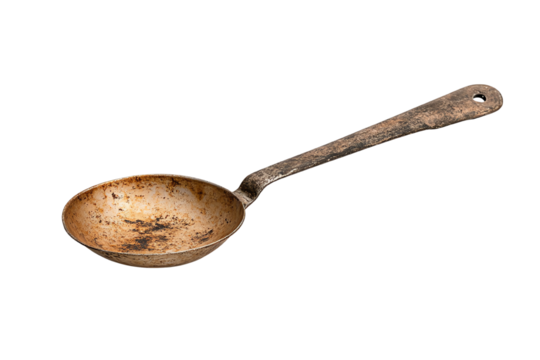 Old, vintage kitchen spoon with a worn handle and patina, isolated on a white background.