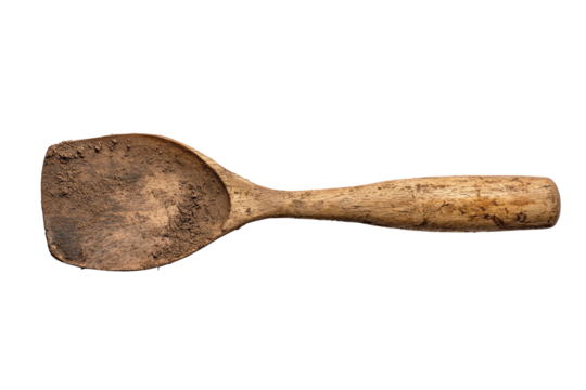 Old wooden scoop on a white isolated background, perfect for culinary themes.