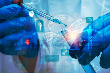 Medical research with pipette and test tube, DNA analysis, biotechnology, genetic science and healthcare © jittawit21