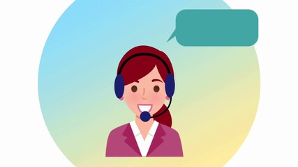 Flat vector animation of a smiling businesswoman with headset and speech bubble, representing customer service, communication, call center, or online support
