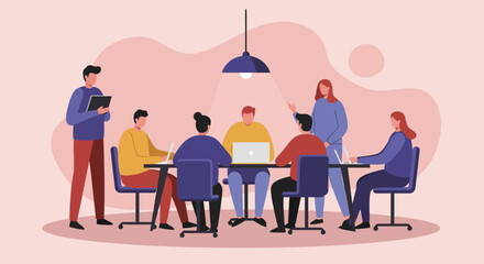 Diverse business team collaborating in an office meeting, discussing ideas and working together. Ideal for teamwork, innovation, and workplace productivity.
