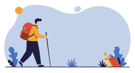 Adventurous person with backpack and walking stick explores a serene outdoor landscape. Ideal for travel, hiking, nature, and healthy lifestyle content.