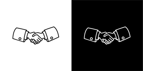 Simple line drawing of two hands shaking in agreement.