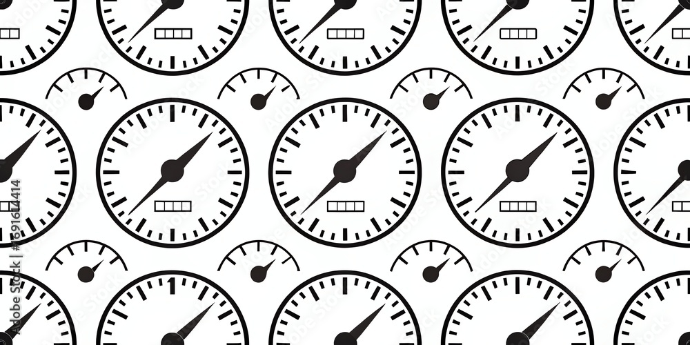 Poster seamless pattern of vintage analog speedometers and gauges in a repeating black and white design