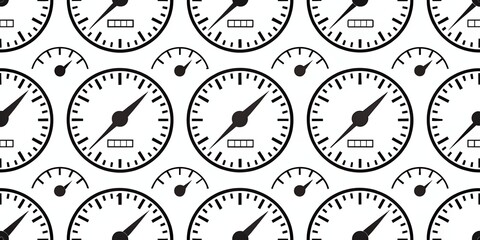 Seamless pattern of vintage analog speedometers and gauges in a repeating black and white design