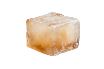 Single ice cube with a slight amber tint, isolated on a white background, perfect for drinks or culinary presentations.