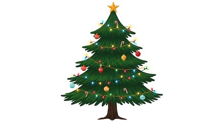 Fototapeta premium Decorated Christmas Tree with Lights and Ornaments on White Background