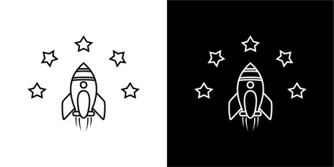 A stylized rocket ship launching amidst stars, depicted in two contrasting color schemes.