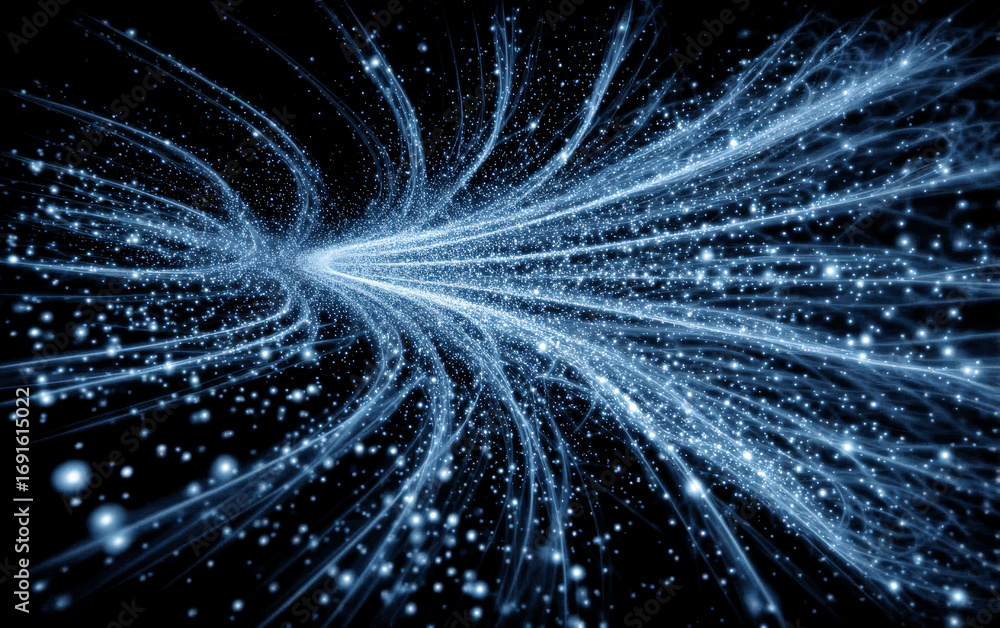 Poster abstract digital particles and dynamic light streaks in a cosmic scene