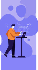 Professional man engaging with global data on a laptop, symbolizing modern business, technology, and international connectivity. Ideal for tech and finance concepts.