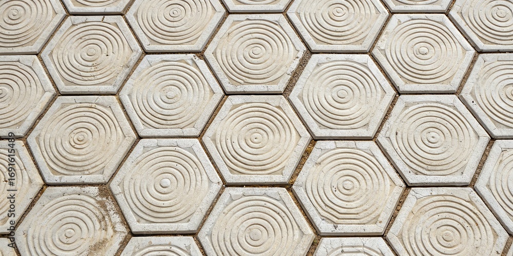 Poster close up abstract texture of hexagonal concrete paving stones with a circular wood grain pattern