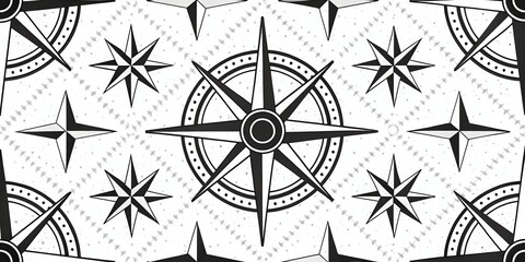 Seamless vintage nautical pattern featuring detailed black and white compass roses and wind rose designs