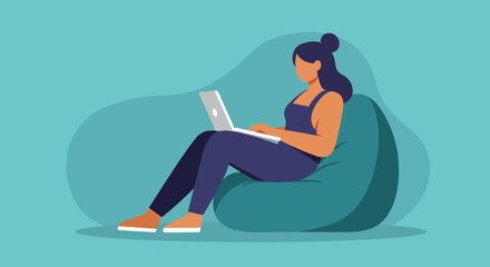 Woman working remotely on a laptop, comfortably seated on a bean bag. Ideal for concepts of flexible work, freelance, and online learning.