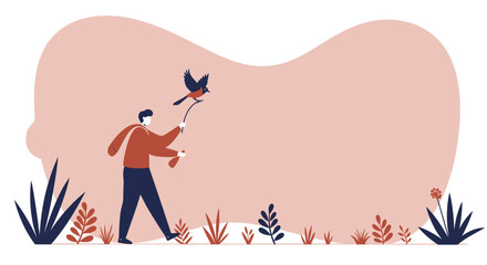 Man walking outdoors, holding a bird on a stick, connecting with nature. Represents training, freedom, and a peaceful lifestyle.