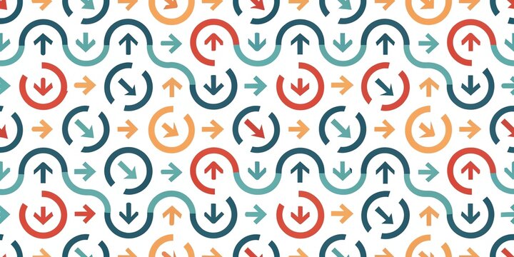 Seamless pattern of colorful arrows and wavy lines representing progress direction and movement