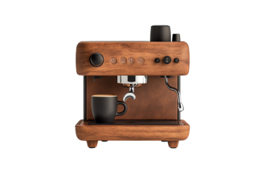 Stylish wooden espresso machine with a black cup ready for brewing coffee, on a white isolated background.