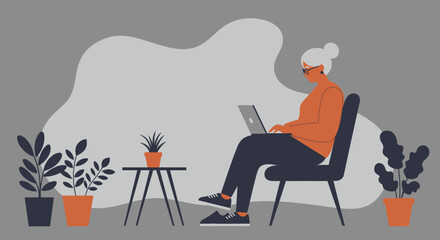 Mature woman focused on remote work or online learning with her laptop at home, surrounded by potted plants, depicting modern digital lifestyle and productivity.