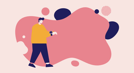 Modern man checking his smartwatch with an abstract, fluid background for text. Ideal for technology, lifestyle, health apps, or digital communication concepts.