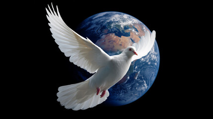 White Dove Flying Over Earth Globe for World Peace Day