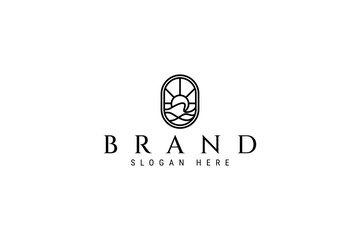 Wave and sun logo natural elements in a frame with abstract outline line art design style