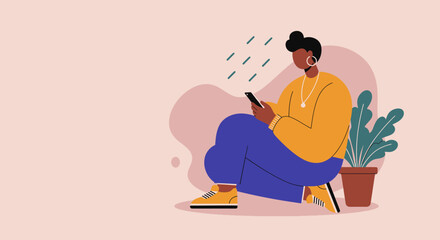 Modern flat illustration of a person seated, deeply engrossed in their smartphone. Captures digital connectivity, online activity, and casual mobile use.