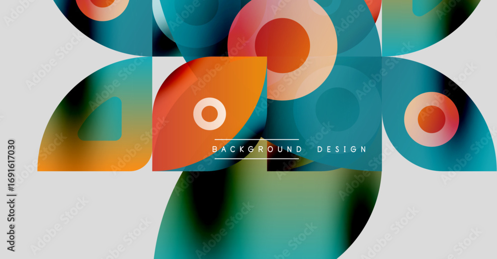 Poster abstract geometric shapes overlap, creating vibrant color gradients. modern design elements suggest 