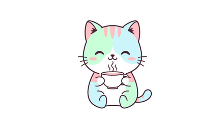 A cute cartoon cat is happily drinking from a white cup, steam rising, smiling, colorful design.
