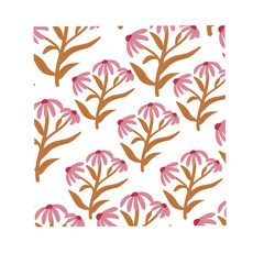 Seamless pattern, hand drawn outline, pink flowers on white background