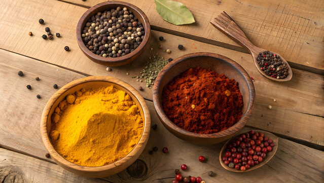 Overhead shot of assorted spices in wooden bowls on a rustic table, showcasing the vibrant colors and textures of culinary ingredients with fresh herbs and peppers