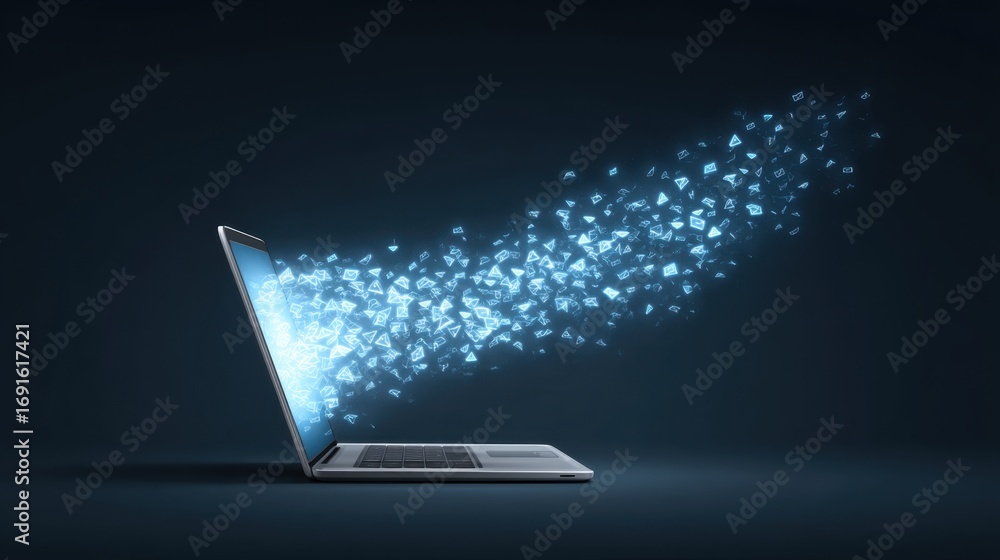 Poster dynamic digital transformation as data flows from laptop screen in modern technology illustration
