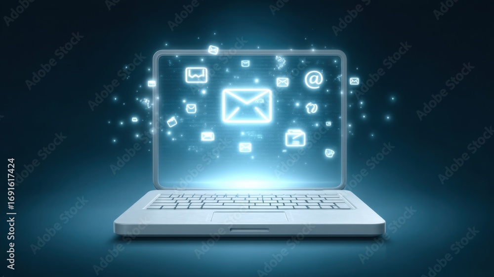 Poster digital communication concept with laptop displaying floating email icons and notifications in a mod