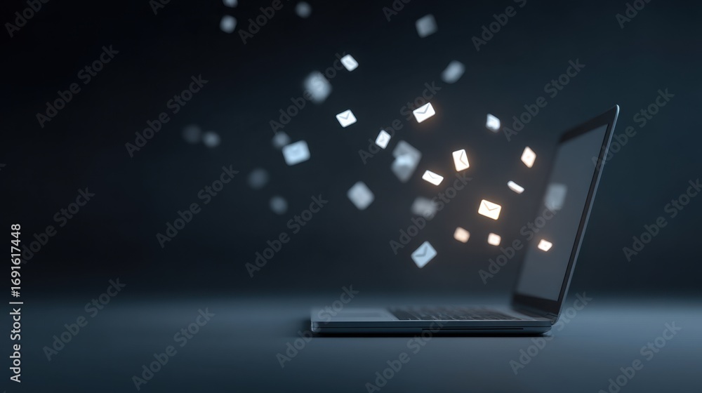 Poster floating email icons above a laptop displaying digital communication and connection concept in a dar