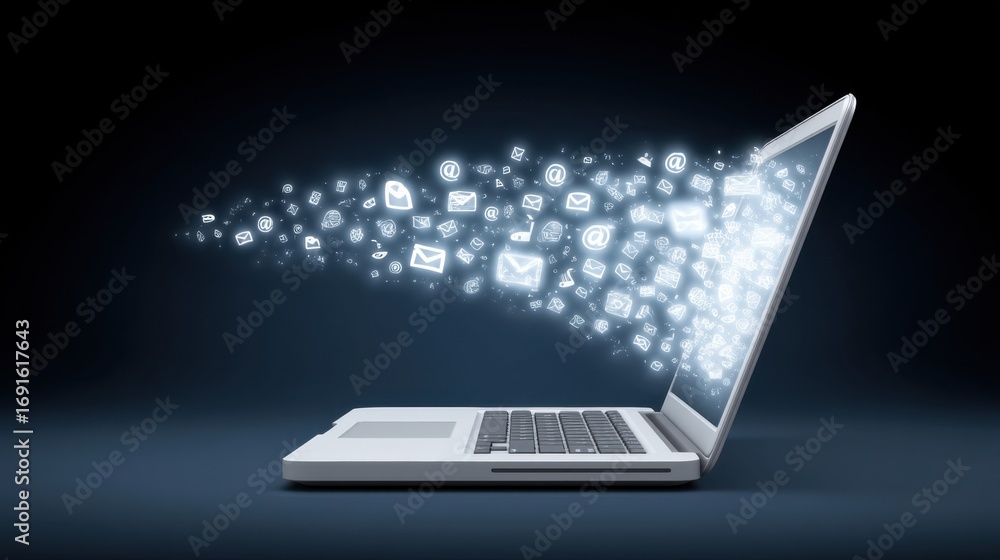 Poster dynamic communication flow through laptop with digital icons and light effects representing modern t