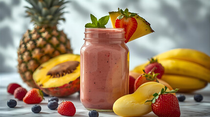 Vibrant berry and tropical fruit smoothie, a refreshing and nutritious drink perfect for a healthy start or a summer day. Enjoy the fresh flavors of nature