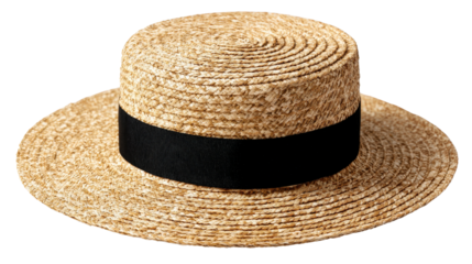 Flat lay of classic summer straw hat with black band and woven texture, isolated on a Transparent background, PNG file.